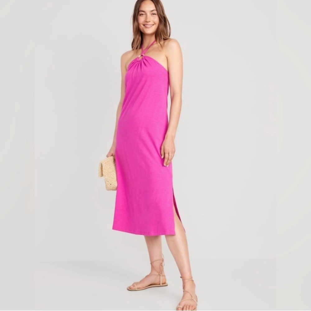 Old Navy Slub-Knit O-Ring Halter Maxi Dress Fuschia Size L
